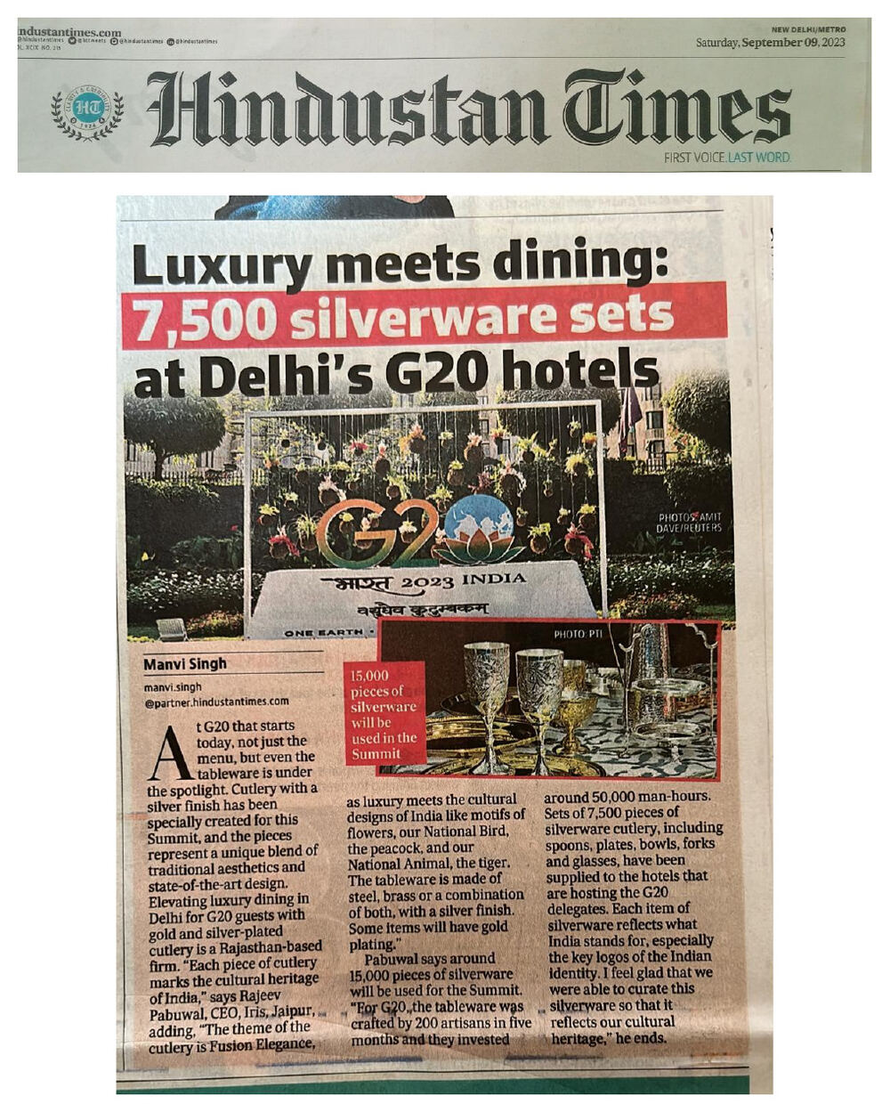 G20 Summit — Official Tableware Supplier press clipping 1